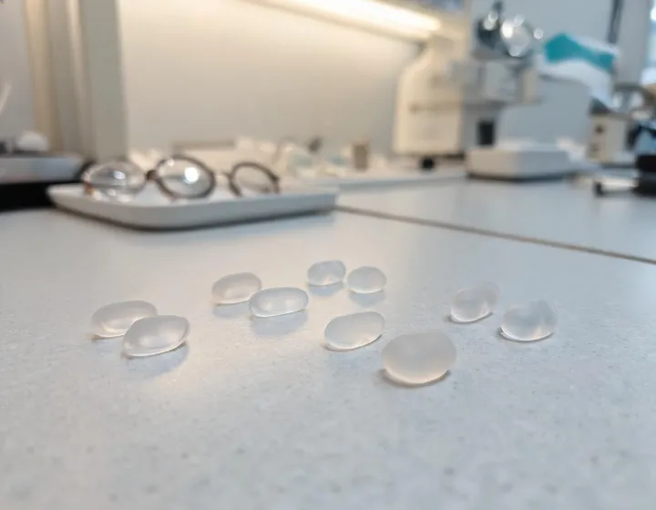 Unlabeled silicone nose pads arranged on an optical workbench