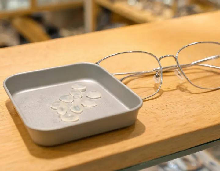 Silicone nose pads for eyeglasses beside a frame on a repair tray